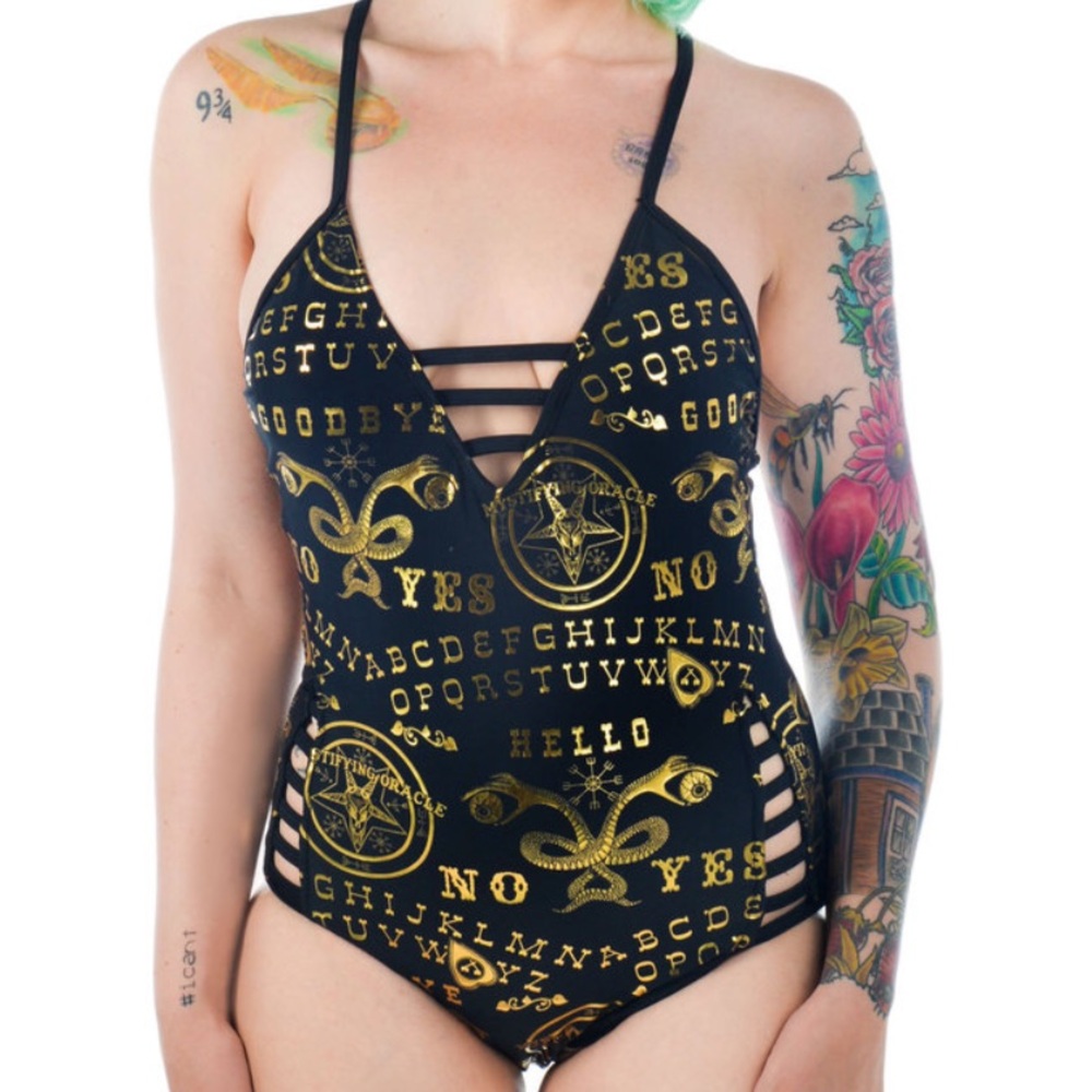 GOTH BLACK AND GOLD OUIJA ONE-PIECE SWIMSUIT